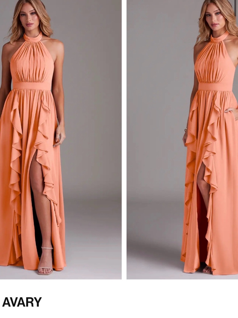 Women’s Azazie Avary Halter Ruffle Maxi Dress (Sunset)